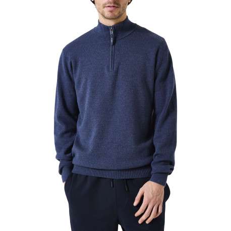 Pull en coton marine uni avec un col zippé et des manches longues - Image 2