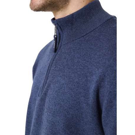 Pull en coton marine uni avec un col zippé et des manches longues - Image 3