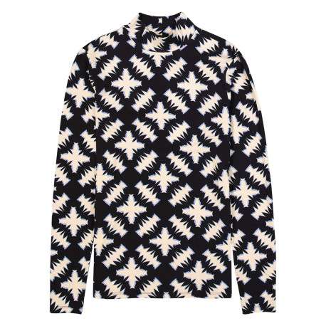 Pull en coton noir et écru à motif fantaisie avec un col montant