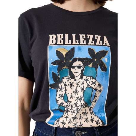 T-shirt en coton anthracite avec un imprimé fantaisie et un col rond - Image 3