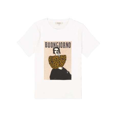 T-shirt en coton écru avec un imprimé fantaisie et un col rond