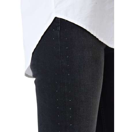 Jean en coton anthracite uni à coupe droite orné de strass sur les côtés - Image 3