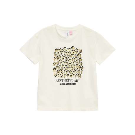 T-shirt en coton biologique blanc à imprimé fantaisie et col rond