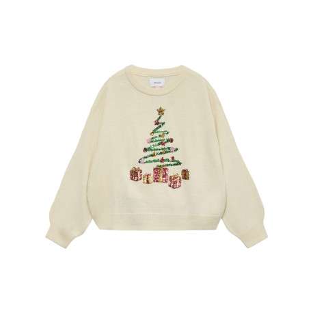 Pull écru avec un motif de noël en sequins brodés multicolores