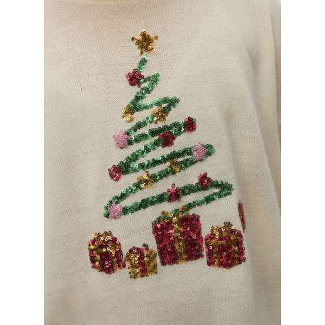 Pull écru avec un motif de noël en sequins brodés multicolores - Image 2
