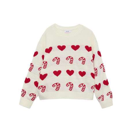 Pull écru tricoté avec des motifs de sucres d'Orge et de coeurs rouges