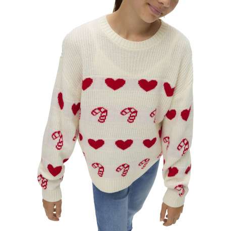 Pull écru tricoté avec des motifs de sucres d'Orge et de coeurs rouges - Image 2
