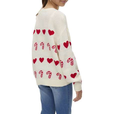 Pull écru tricoté avec des motifs de sucres d'Orge et de coeurs rouges - Image 3