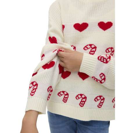 Pull écru tricoté avec des motifs de sucres d'Orge et de coeurs rouges - Image 4