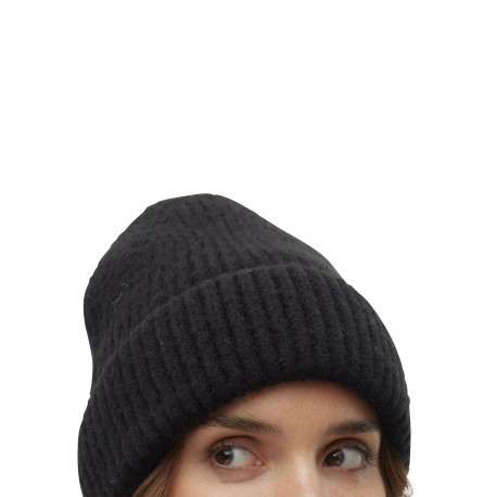 Bonnet noir uni en maille côtelée avec un large revers - Image 2