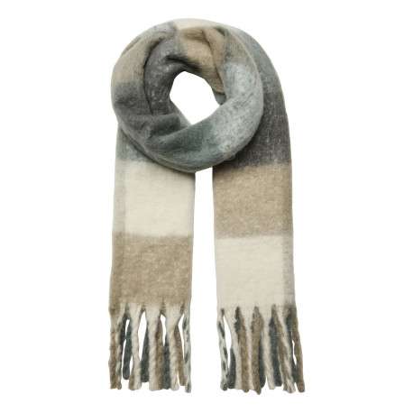 Écharpe multicolore écru, beige et gris pourvue de franges aux extrémités