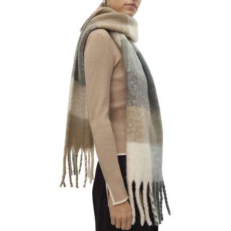 Écharpe multicolore écru, beige et gris pourvue de franges aux extrémités - Image 2