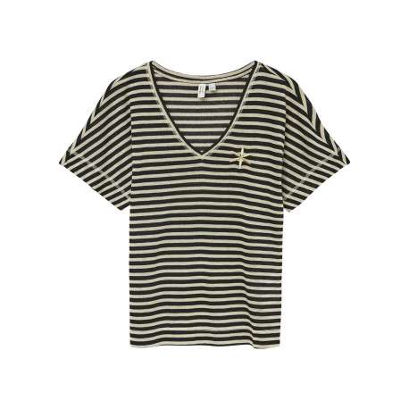 T-shirt à rayures noir et doré avec fils lurex brodé sur la poitrine