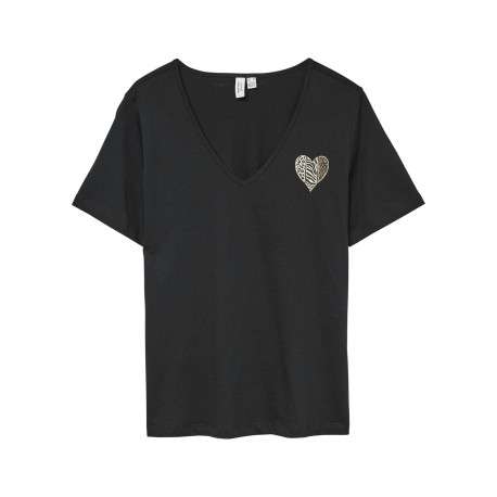 T-shirt en coton biologique noir avec un coeur doré imprimé sur la poitrine