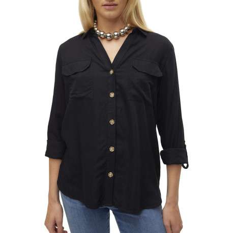Chemisier noir uni avec un col chemise et des manches longues - Image 2