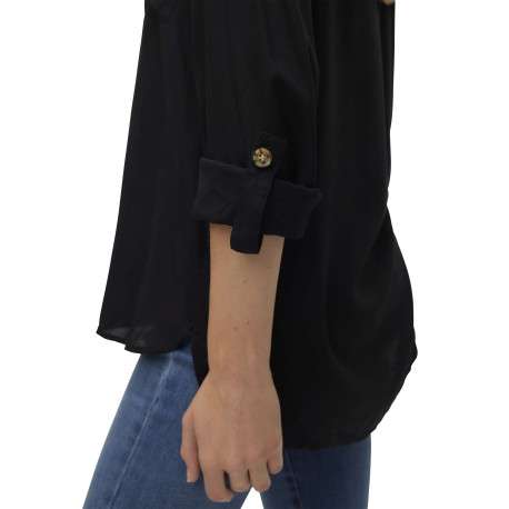 Chemisier noir uni avec un col chemise et des manches longues - Image 3