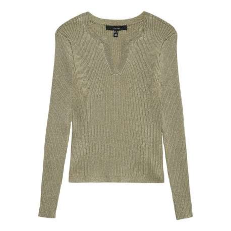 Pull kaki uni avec incrustation de fils lurex et col tunisien