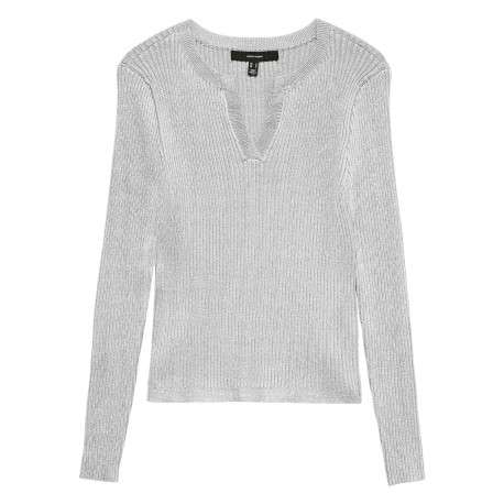 Pull gris clair uni avec incrustation de fils lurex et col tunisien
