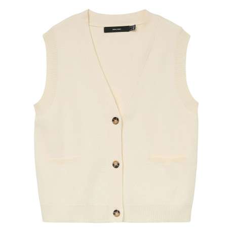 Pull écru uni avec un col v profond et boutonnière écaille de tortue