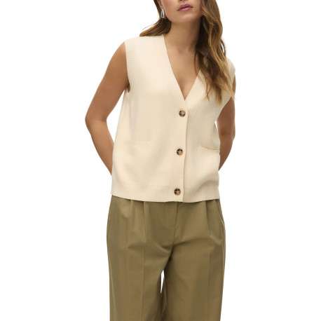 Pull écru uni avec un col v profond et boutonnière écaille de tortue - Image 3