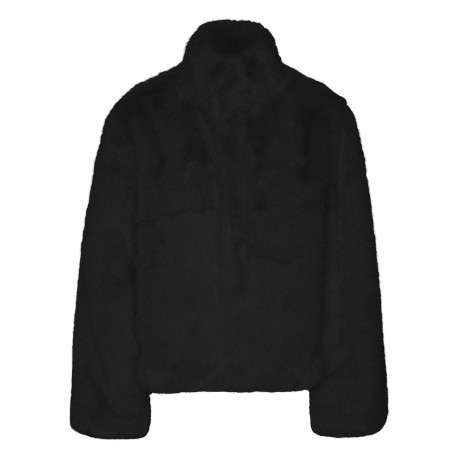 Manteau noir uni en fourrure synthétique avec un col montant