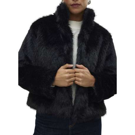 Manteau noir uni en fourrure synthétique avec un col montant - Image 2