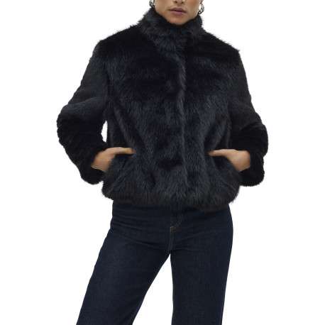 Manteau noir uni en fourrure synthétique avec un col montant - Image 3