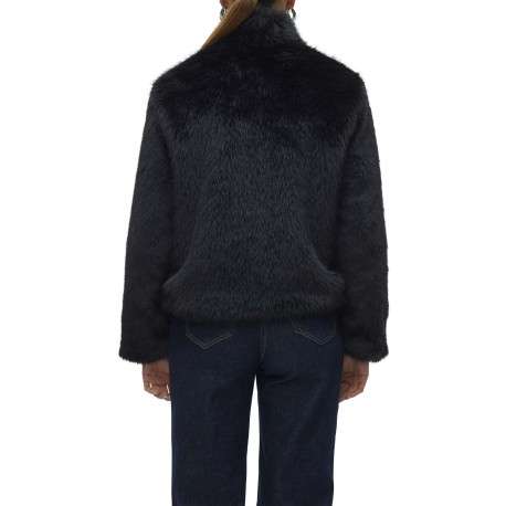 Manteau noir uni en fourrure synthétique avec un col montant - Image 4