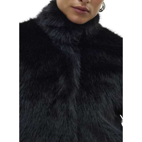 Manteau noir uni en fourrure synthétique avec un col montant - Image 5