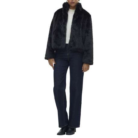 Manteau noir uni en fourrure synthétique avec un col montant - Image 6