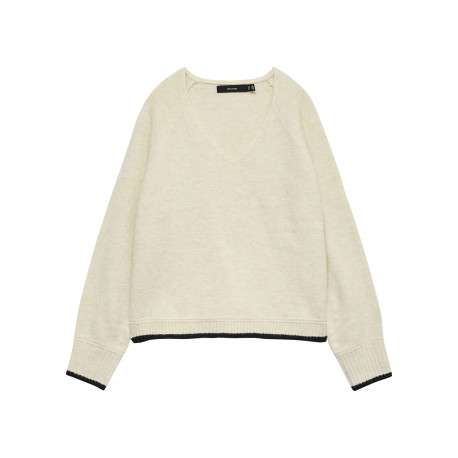 Pull écru uni avec col v et liserés contrastés aux extrémités