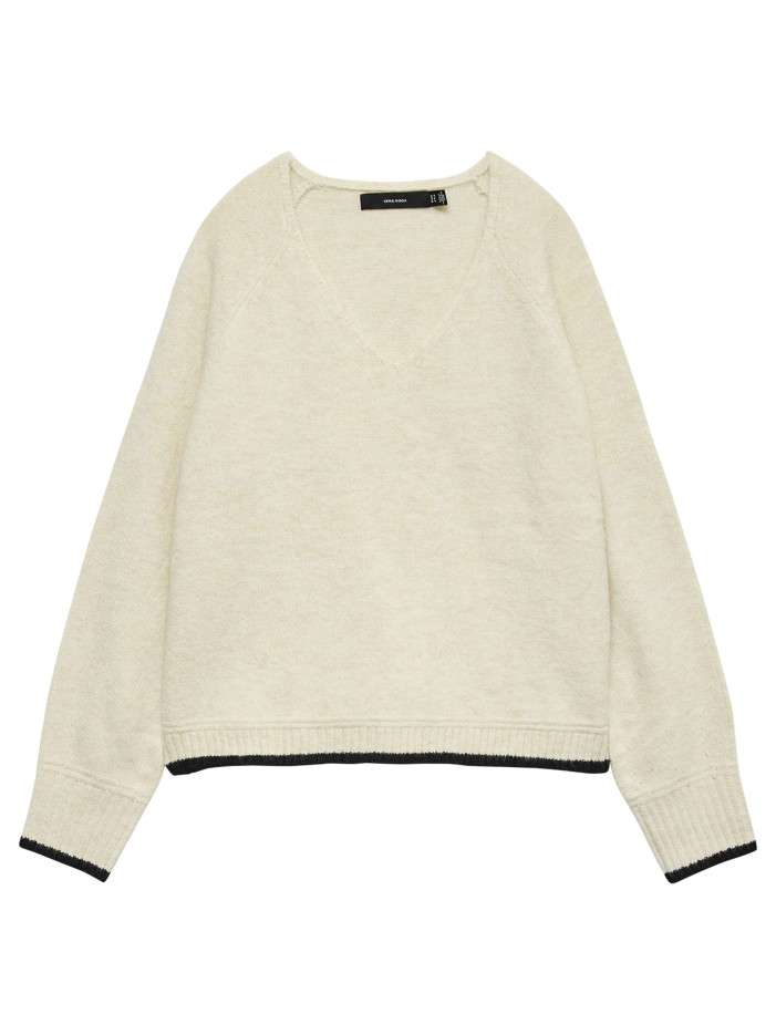 Pull écru uni avec col v et...