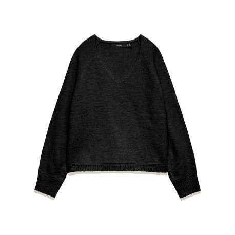 Pull noir uni avec col v et liserés contrastés aux extrémités