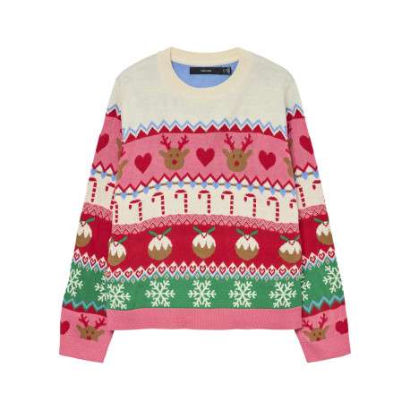 Pull multicolore à motif fantaisie avec col rond et manches longues