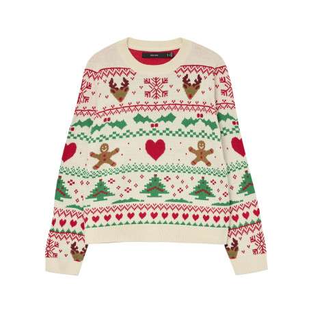 Pull écru à motif fantaisie avec col rond et manches longues