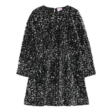 Robe courte noire avec sequins argentés brodés et manches longues