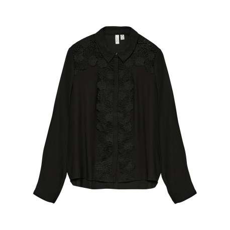 Chemisier noir uni d'empiècements de guipure avec boutonnière cachée