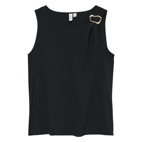 T-shirt léger noir uni avec col rond et effet drapé sur une épaule