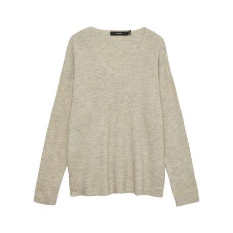 Pull écru uni en maille côtelée avec col v et manches longues