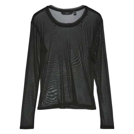 T-shirt noir uni en tulle fin avec un col rond et des manches longues