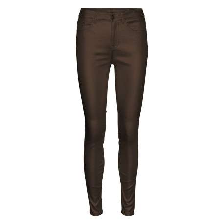 Pantalon marron uni avec un effet enduit pourvu de multiples poches