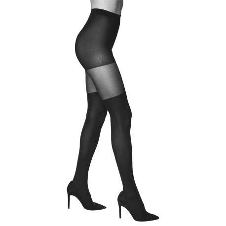Collants noirs unis avec une découpe effets bas et ceinture tricotée - Image 2