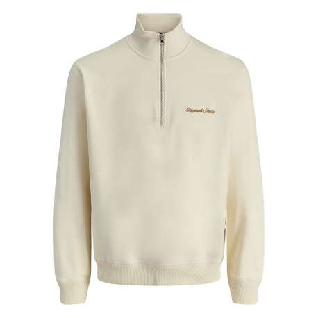 Sweat en coton écru uni avec un col montant et fermeture à glissière