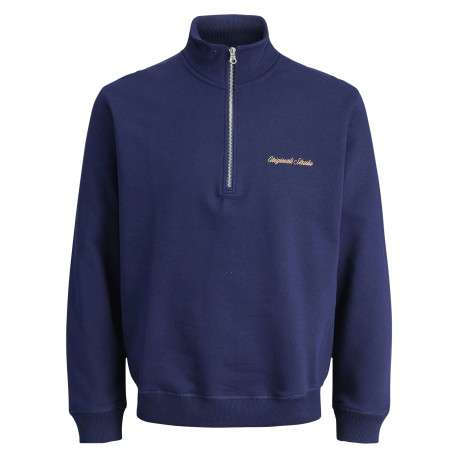 Sweat en coton marine uni avec un col montant et fermeture à glissière