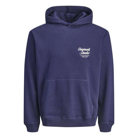 Sweat en coton marine uni avec un col à capuche et poche traversante