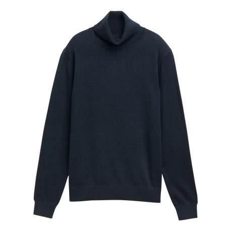 Pull en coton marine uni avec un col roulé et des manches longues