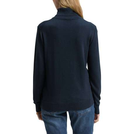 Pull en coton marine uni avec un col roulé et des manches longues - Image 4