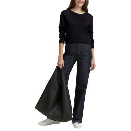 Pull en coton marine uni avec un col rond et des manches longues - Image 6