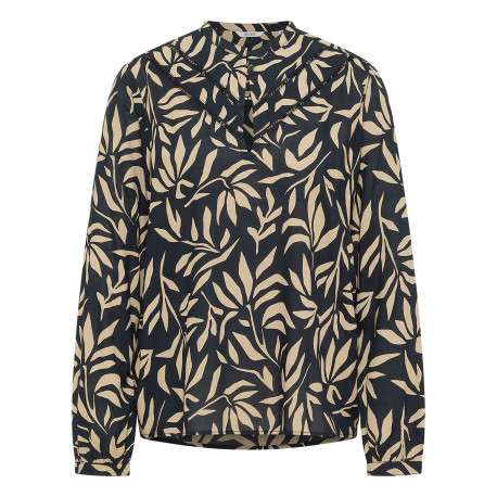 Blouse noire et taupe ornée d'un motif fantaisie avec un col tunisien