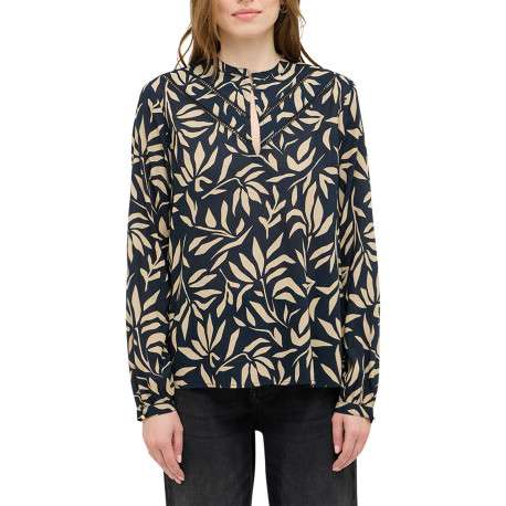 Blouse noire et taupe ornée d'un motif fantaisie avec un col tunisien - Image 3